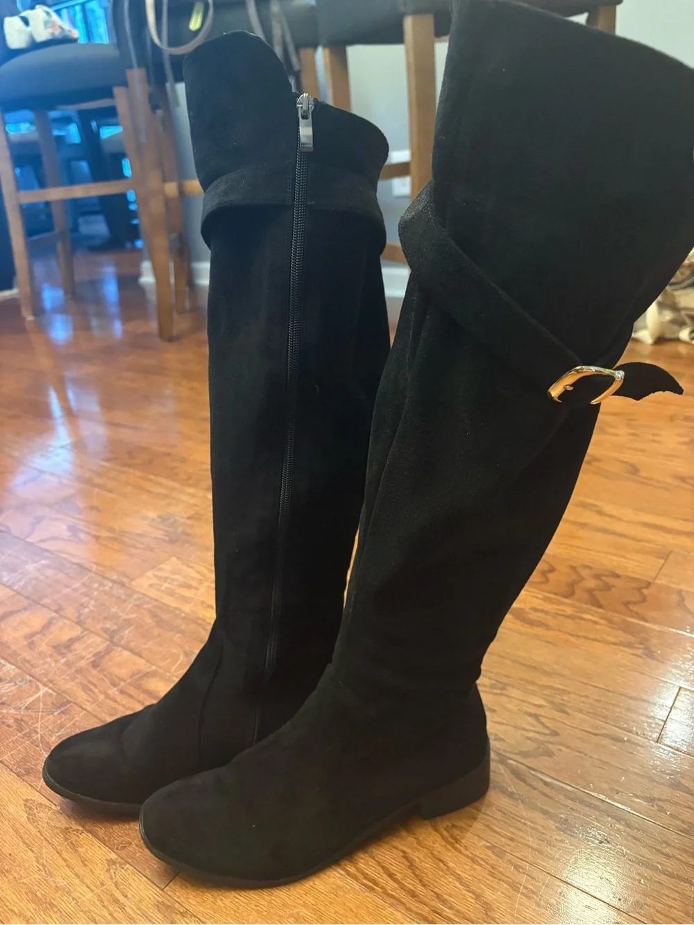 Black Over-the-Knee Suede Boots Gold Buckle Size 39 (8-8.5)